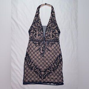 Minuet NWT Size L Navy Blue Cream Beaded Lace Halter Neck Homecoming Mini Dress